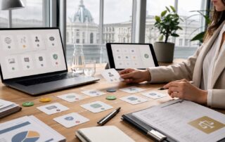 Laptop und Tablet mit abstraktem KI-Tool-Inventar, AI-Act-Freigabe und Website-Stack in einem Wiener Buero