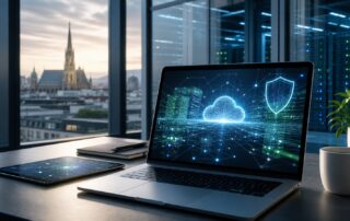 Laptop mit abstrakter europäischer Cloud- und KI-Infrastruktur in Wien