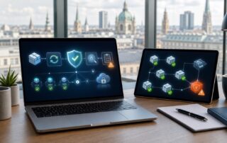 Laptop und Tablet mit abstrakter CRA-Schwachstellenmeldung, Software-Updates und Sicherheitsprüfung in einem Wiener Büro