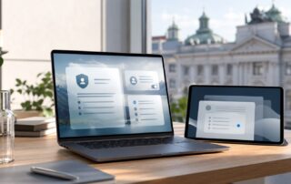 Laptop und Tablet mit abstrakten Datenschutzhinweisen in einem Wiener Büro