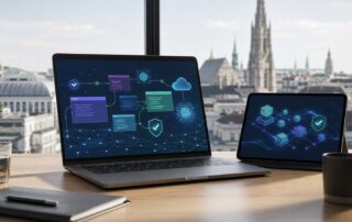 Laptop mit abstrakten Open-Source- und KI-Bausteinen in einem Wiener Büro