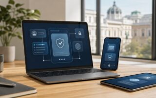Laptop und Smartphone mit abstrakter digitaler Identitätswallet und sicheren Website-Prozessen in einem Wiener Büro