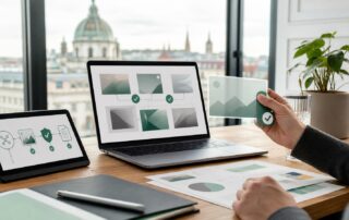 Laptop und Tablet mit abstraktem Workflow zur Kennzeichnung KI-generierter Inhalte in einem Wiener Büro