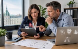 Zwei Personen prüfen eine verdächtige Phishing-Nachricht zu Unternehmensdaten mit Sicherheitscheck in einem Wiener Büro