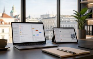 Laptop und Tablet mit abstraktem DSA-Meldeworkflow in einem Wiener Büro