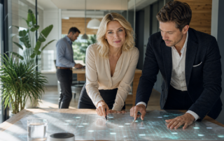 Erwachsene Business-Personen planen datensparsame Blockchain-Architektur mit Off-Chain-Speicher in einem oesterreichischen Buero