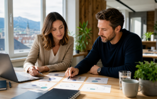Zwei Personen planen Website-Datenflüsse und Online-Marketing-Analysen in einem österreichischen Büro