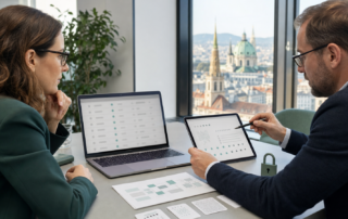 Zwei Personen prüfen anonymisierte Website-Daten und KI-Datensätze in einem österreichischen Büro