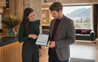 Hotelinhaberin und Marketingberater prüfen auf einem Tablet Suchsichtbarkeit und Direktbuchung nach der Google-DMA-Strafe