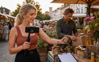 Content Creatorin filmt an einem österreichischen Marktstand ein unmarkiertes Produkt, während der Anbieter die Kooperation vorbereitet