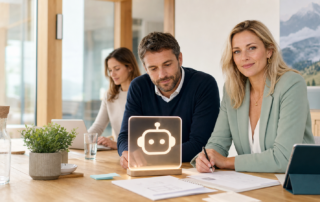 Erwachsene Business-Personen planen transparente KI-Kommunikation und einen Website-Chatbot in einem österreichischen Büro
