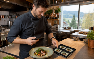 Restaurantbesitzer prüft verschiedene Bildausschnitte für einen WordPress-Upload auf Smartphone und Tablet