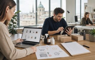 Webshop-Team prüft Produktseiten, Gewährleistungsinformationen und Checkout-Unterlagen in einem Wiener Büro