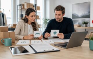 Zwei Personen prüfen in einem österreichischen Webshop-Büro Zahlungskarten, Verträge und Pakete für einen BNPL-Checkout