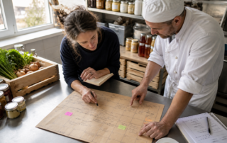 Redakteur und Betriebsleiter vergleichen in einer kleinen österreichischen Lebensmittelproduktion einen Papierkalender mit Produktionsänderungen.