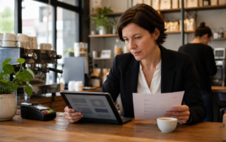 Betreiberin eines Cafes prueft nach einem Website-Relaunch auf einem Tablet Kontakt- und Kasseninformationen.