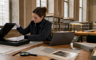 Redakteurin digitalisiert Originalquellen an einem Scanner in einem österreichischen Archiv und arbeitet an einer Veröffentlichung.