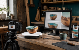 Holzschale mit blauem Harzeinsatz auf einem Drehteller; Monitor und Smartphone zeigen verschiedene Zuschnitte.