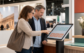 Zwei Erwachsene testen an einem österreichischen Messestand einen digitalen Kundenservice-Assistenten an einem Touchscreen.