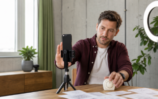 Social-Media-Stratege stoppt eine Smartphone-Aufnahme und stellt einen Timer für verantwortungsvolles Kampagnendesign