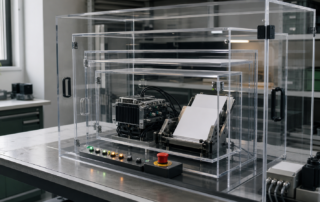 Drei transparente Testkammern um eine KI-gestützte Dokumentenanlage als Sinnbild für Dry Run, Staging und KI-Reallabor