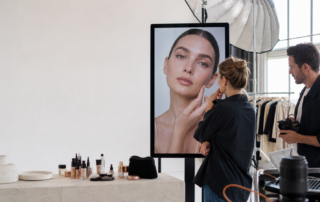 Zwei Erwachsene prüfen in einem Fotostudio eine virtuelle Influencerin auf einem großen Bildschirm