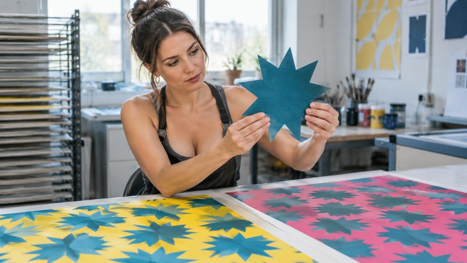 Eine Frau hält in einem Druckatelier einen blaugrünen, sternförmigen Papierausschnitt über einen Tisch mit farbenfrohen Mustern.